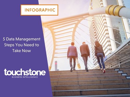 3 people climb a set of outdoor stairs together, beside text reading '5 data management steps you need to take now'.