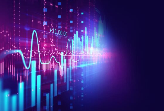 A blue and purple background behind a financial chart in cyan.