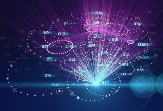 A pink and blue abstract image depicting circular arrangements of dots, straight lines, and decimal numbers.