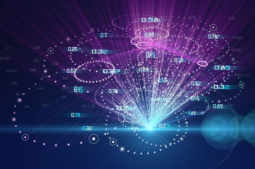 A pink and blue abstract image depicting circular arrangements of dots, straight lines, and decimal numbers.