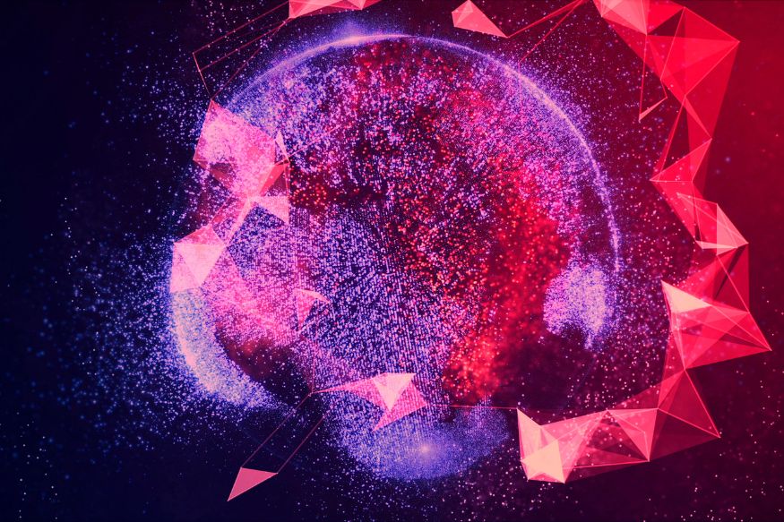 An abstract image depicting a circular arrangement of pink dots in front of red triangles, and a dark background.