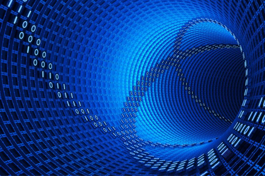 An abstract image of a blue tube with numbers spiralling through it.