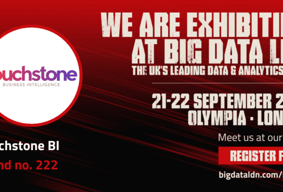 BigDataLDN event information set against a red and black background, the Touchstone Business Intelligence logo displayed in a white circle to the left of the information.