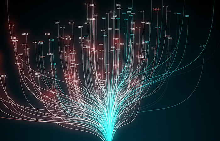 Lots of different data points floating high against a dark background, each connected to the bottom-centre of the image with a curving line, as if representing a thread.