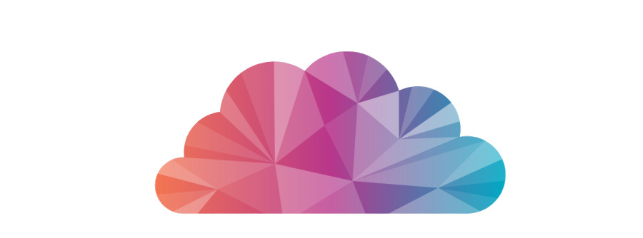 Classic shape of a fluffy cloud coloured with shaded triangles that gradually change colour from red to pink to blue as you move from left to right.