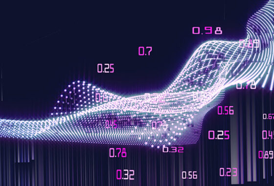 Abstract picture of an arrangement of pink lights behind a cluster of pink decimal numbers.