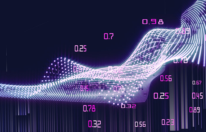 Abstract picture of an arrangement of pink lights behind a cluster of pink decimal numbers.