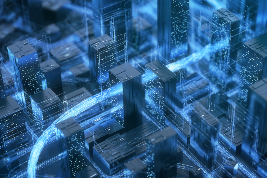 An image of a futuristic city with a blue hue.