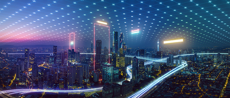 Smart city and abstract polygon pattern connection with speed line light, big data connection technology concept