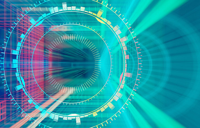 A circular arrangement of bar graphs and measurement points on an abstract pink and cyan background.