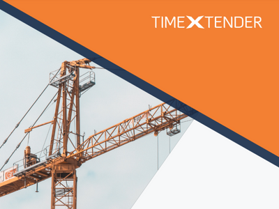 An image with 2 diagonal halves. In the top-right, the TimeXtender logo against an orange background, in the bottom-left, a high-rise construction crane.