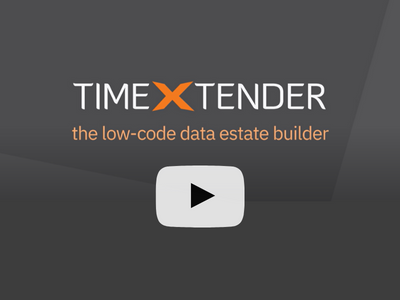 The TimeXtender logo against a dark grey background, positioned above a video 'play' button.