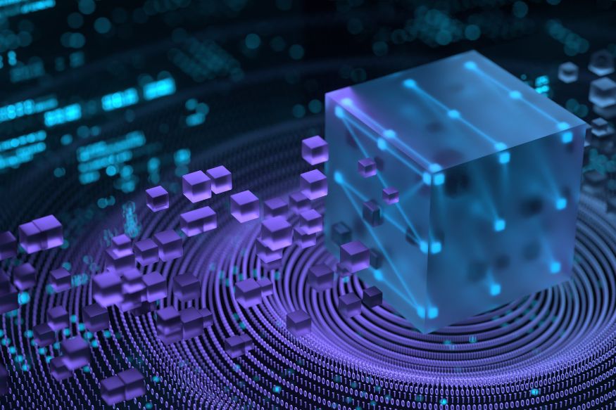 Abstract image featuring a collection of cubes in blue and lilac against a black background.